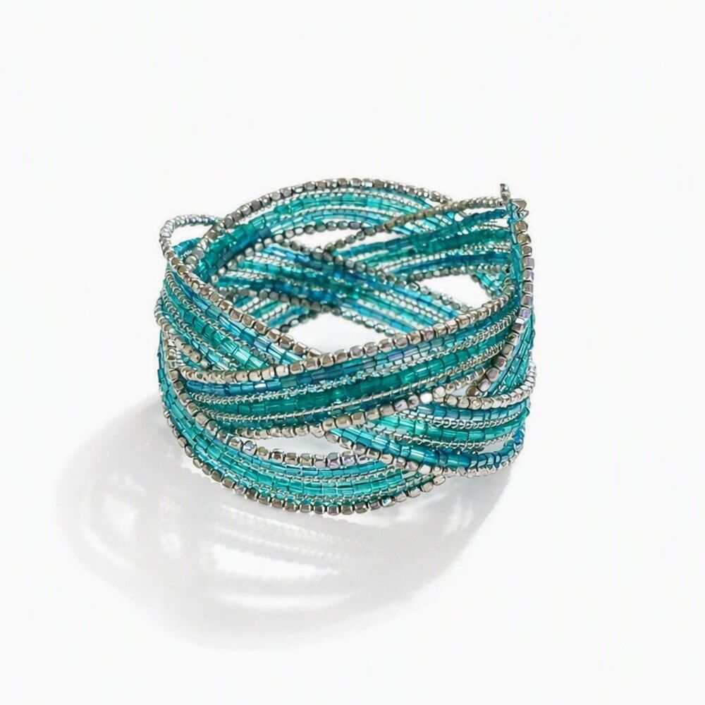 VTG Style Silver Tone Teal Multi-Strand Crisscross Beaded Cuff Bracelet 6.25"